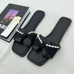 Black Bow-Detail Flat Slides