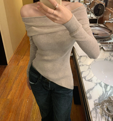 Flute Off The Shoulder Knit Top - Latte