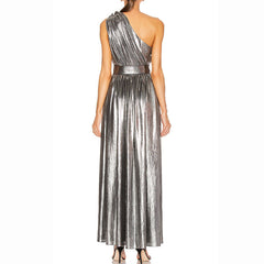 All The Feels Metallic One Shoulder Cutout Romper - Silver