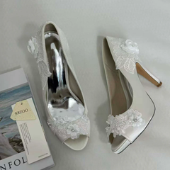 Low-Cut Pearl-Embroidered High Heels
