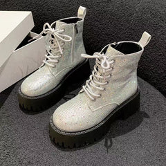 Checkerboard Pattern Lace Up Chunky Sole Boots