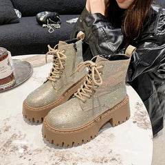 Checkerboard Pattern Lace Up Chunky Sole Boots