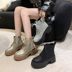 Checkerboard Pattern Lace Up Chunky Sole Boots
