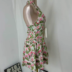 Deep V-Neck Halter Dress With Vintage Print