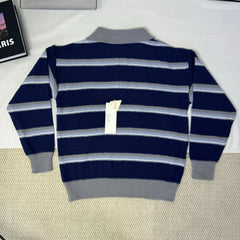 Striped Polo-Neck Relaxed Style Knit Top