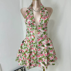 Deep V-Neck Halter Dress With Vintage Print