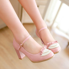 Autumn Bow Buckle Thick High Heels