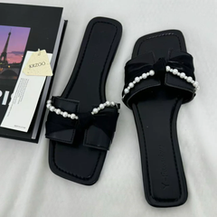 Black Bow-Detail Flat Slides
