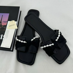 Black Bow-Detail Flat Slides