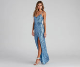 Spaghetti Straps Backless High Slit Slim Fit Sequin Gown - Blue
