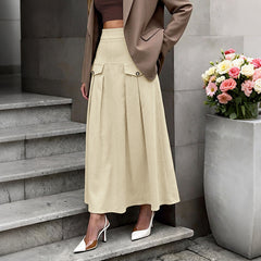 High-waisted pleated corduroy A-line midi skirt