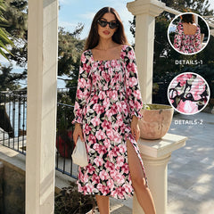 Square-neck long-sleeve floral dress