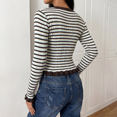 Knitted striped crew neck short-sleeved ruffled sweater