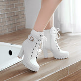 Buckle Lace-Up High Heel Low Boots