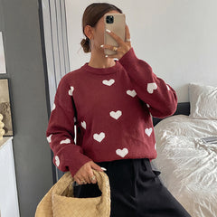 Oversized Crew-Neck Sweater with Heart Jacquard Pattern