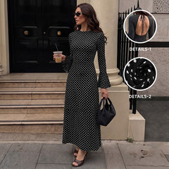 Vintage-style French open-back maxi dress with flared sleeves