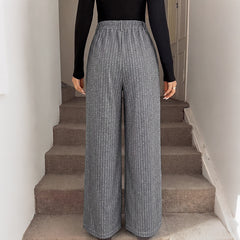 Grey vertical-striped high-waisted straight-leg wide-leg trousers