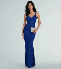 Alondra Cowl Neck Metallic Glitter Formal Dress