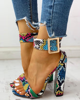 Contrast Color Snakeskin Buckled Chunky Heeled Sandals