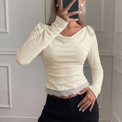 Fitted long-sleeve T-shirt with cowl neck and lace detailing