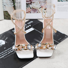 Clear Gem Embellished Square Toe Heels