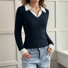 Cable-knit Polo-collar sweater with a faux-layered look