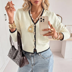 Color-block wave-edge V-neck knit cardigan