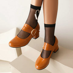 Patent Leather Mary Jane Shoes With Pearl Chunky Heels