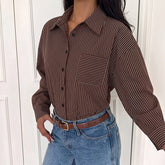 Collared striped long-sleeve shirt-style spliced bodysuit