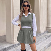 Grey V-neck vest and A-line mini skirt set