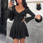Polka-dot lace V-neck dress with flared sleeves and a fitted waist