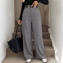 Grey vertical-striped high-waisted straight-leg wide-leg trousers