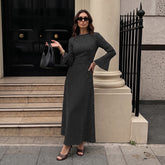 Vintage-style French open-back maxi dress with flared sleeves