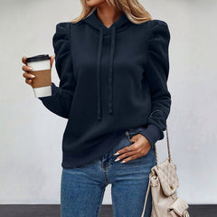 Solid-color hooded sweatshirt with stylish puff sleeves
