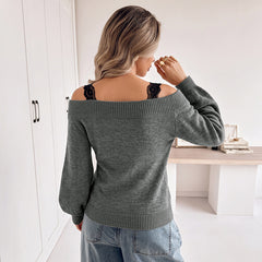 Off-shoulder fitted sweater with lace splicing