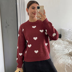 Oversized Crew-Neck Sweater with Heart Jacquard Pattern
