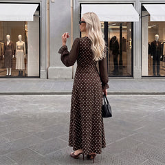 Polka-dot chiffon dress with a square neck and flared sleeves