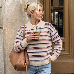 Colorful striped polo collar cardigan long-sleeved knit sweater