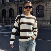 Drop-shoulder long-sleeved round neck striped sweater