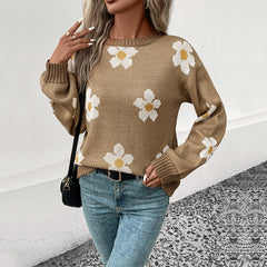 Long-sleeve floral jacquard pullover sweater