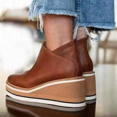 Whip Stitch Faux Leather Zipper Wedge Heel Ankle Boots