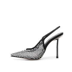 Solid Color Rhinestone High Heel Mesh Sandals