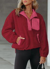 Comfy Cute Pocketed Sherpa Pullover - Coral