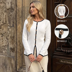 Button-accented round-neck sweater with a fitted waist