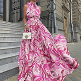 Bonnie Satin Printed Halter Pocketed Jumpsuit