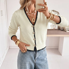 Color-block wave-edge V-neck knit cardigan