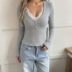 Ribbed Long-Sleeve V-Neck T-Shirt with Lace Paneling