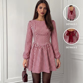 Long-sleeve plaid open-back bow dress