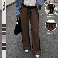 High-waisted straight-leg wide-leg sweatpants with pockets and cuffed hems