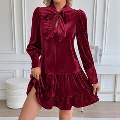 Solid-color velvet dress with a bow-tie collar